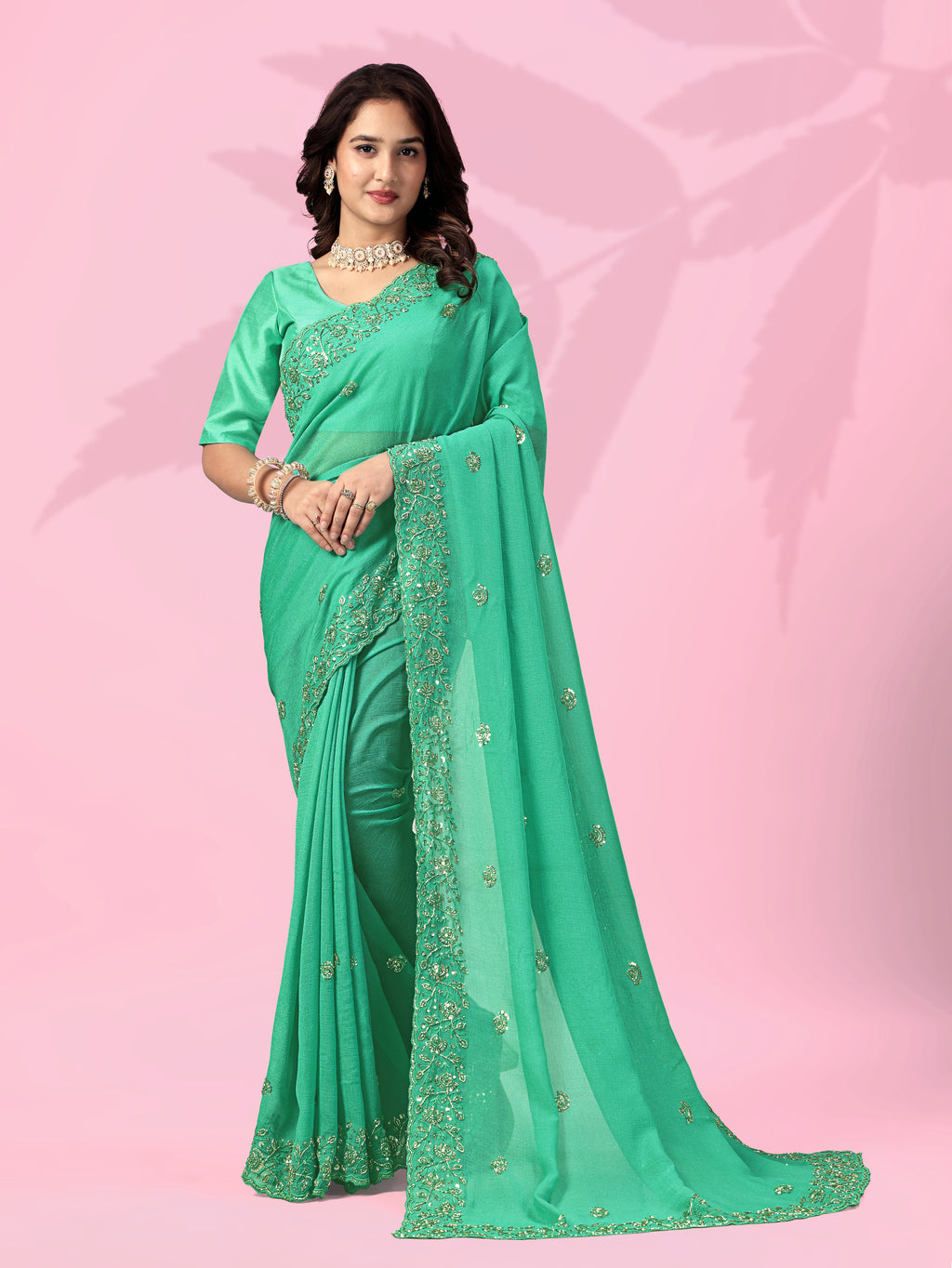 Mint Green Art Silk Saree with Thread & Sequins Work | Designer Party Wear Saree for Women