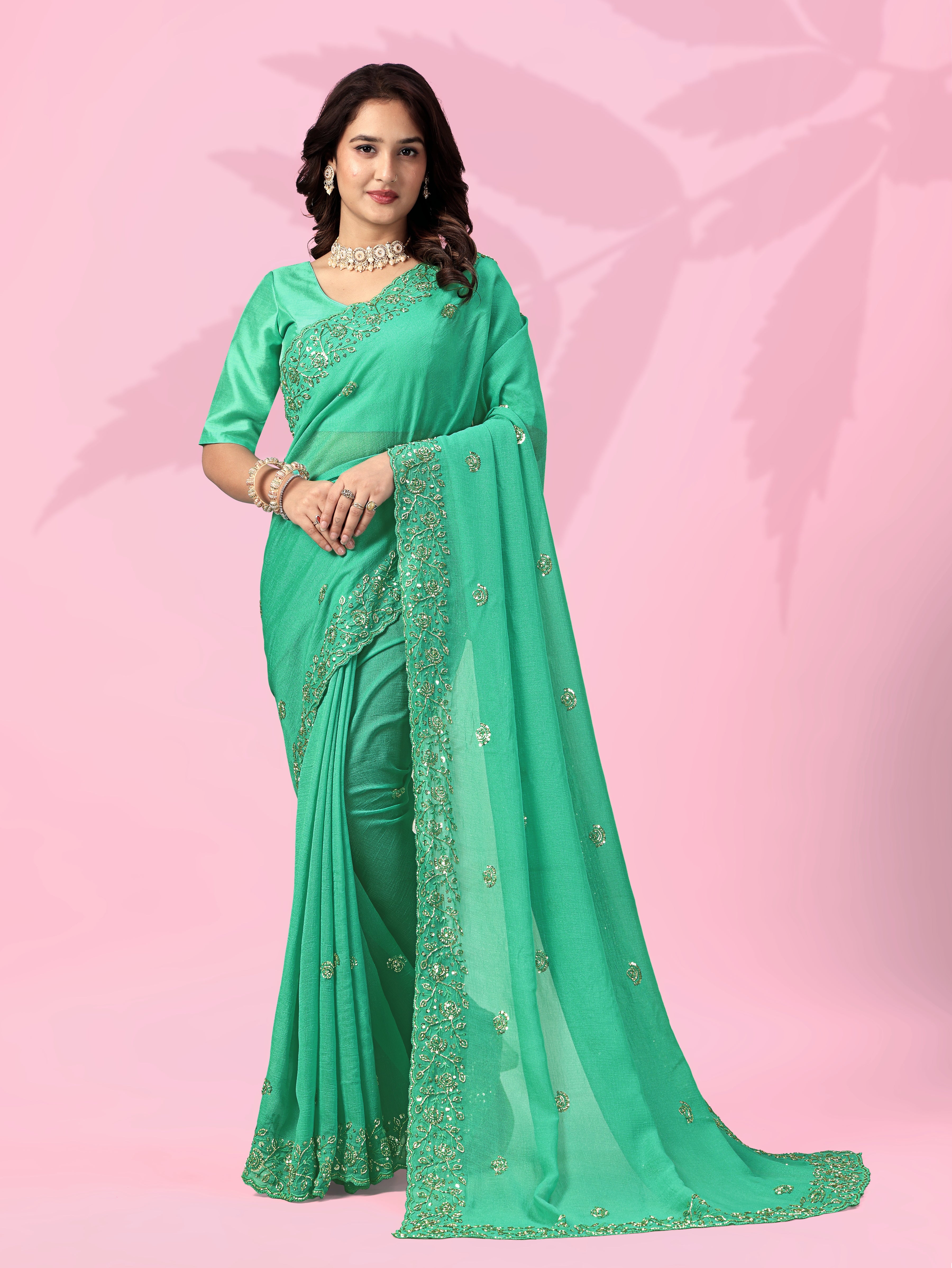 Mint Green Art Silk Saree with Thread & Sequins Work | Designer Party Wear Saree for Women