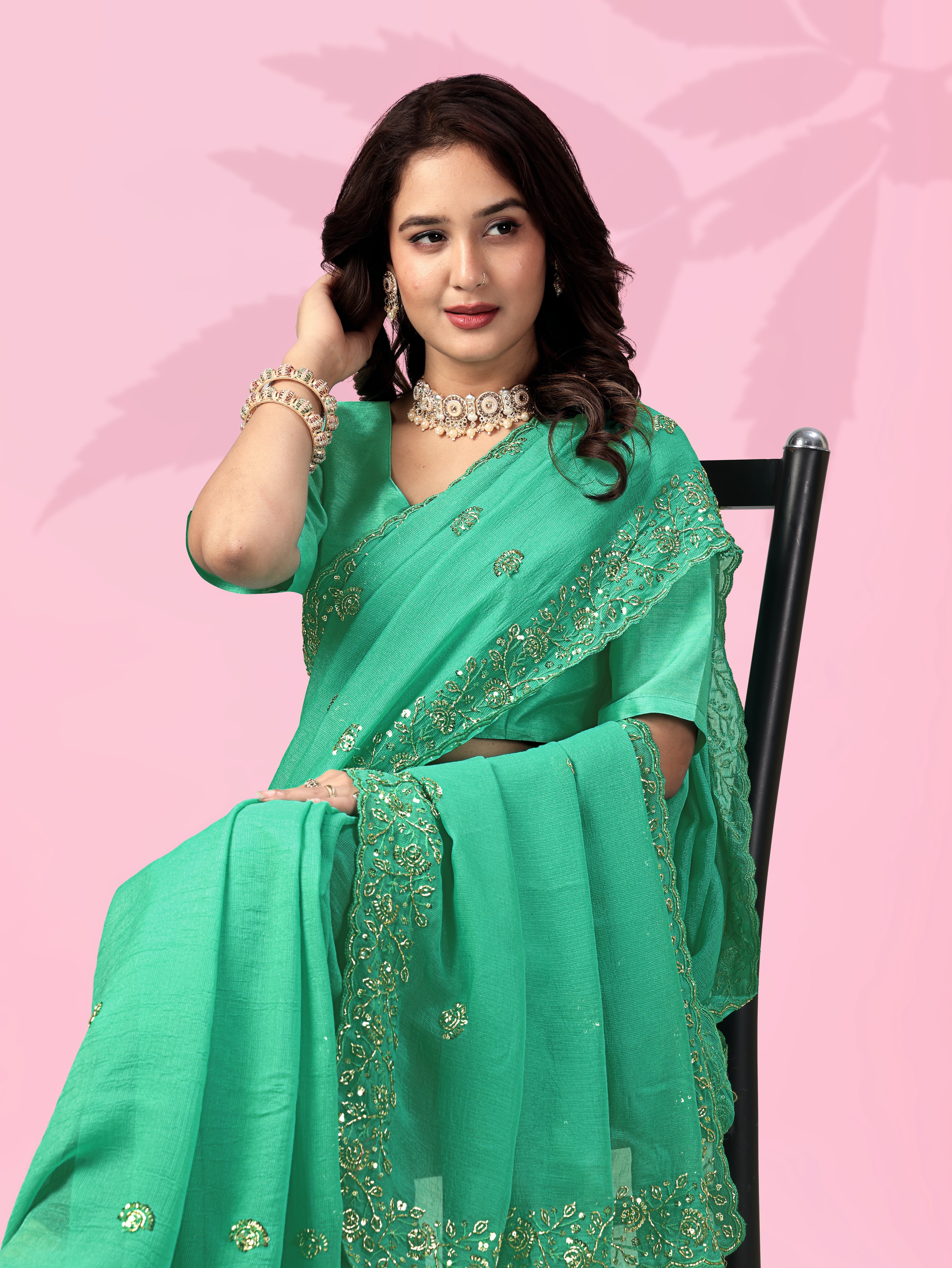 Mint Green Art Silk Saree with Thread & Sequins Work | Designer Party Wear Saree for Women