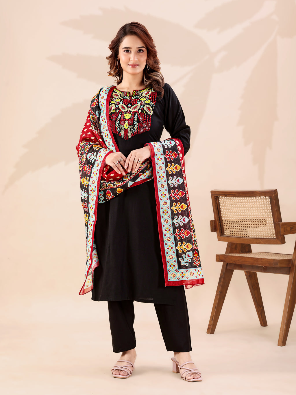 Black Heavy Rayon Cotton Kurta Pant Set with Thread Sequins Work & Chanderi Dupatta | Ready to Wear Ethnic Set
