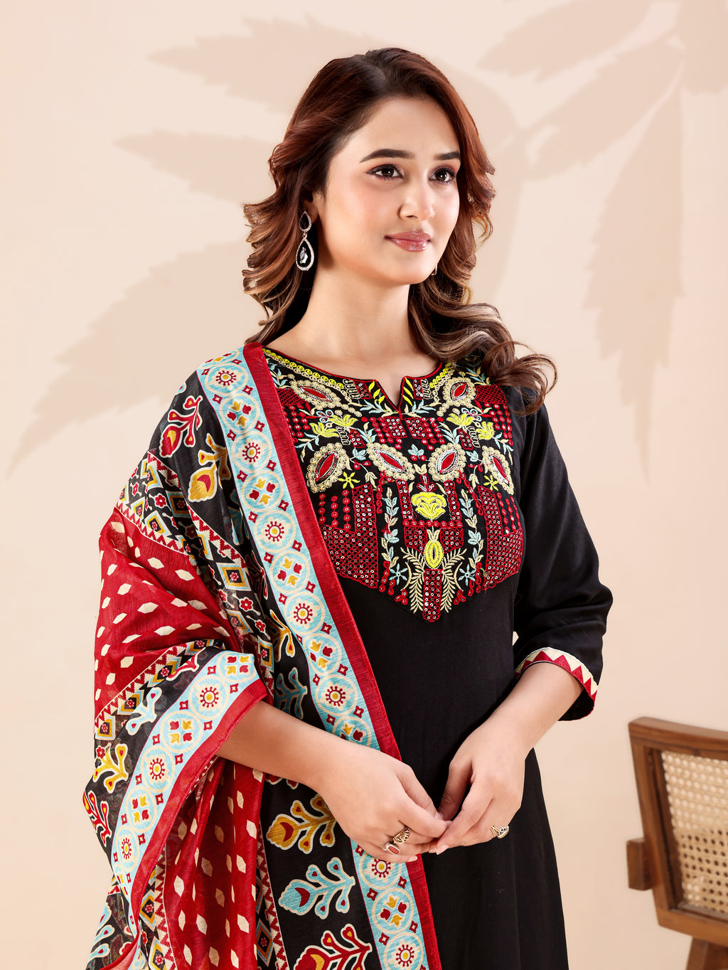 Black Heavy Rayon Cotton Kurta Pant Set with Thread Sequins Work & Chanderi Dupatta | Ready to Wear Ethnic Set