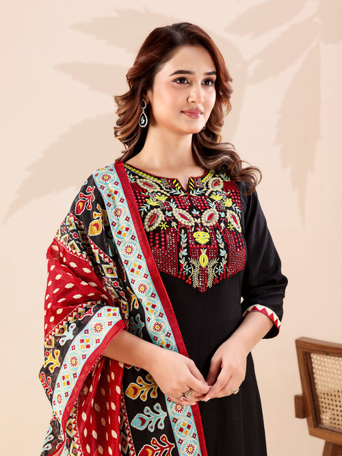 Black Heavy Rayon Cotton Kurta Pant Set with Thread Sequins Work & Chanderi Dupatta | Ready to Wear Ethnic Set