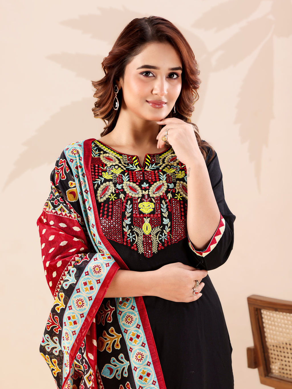 Black Heavy Rayon Cotton Kurta Pant Set with Thread Sequins Work & Chanderi Dupatta | Ready to Wear Ethnic Set