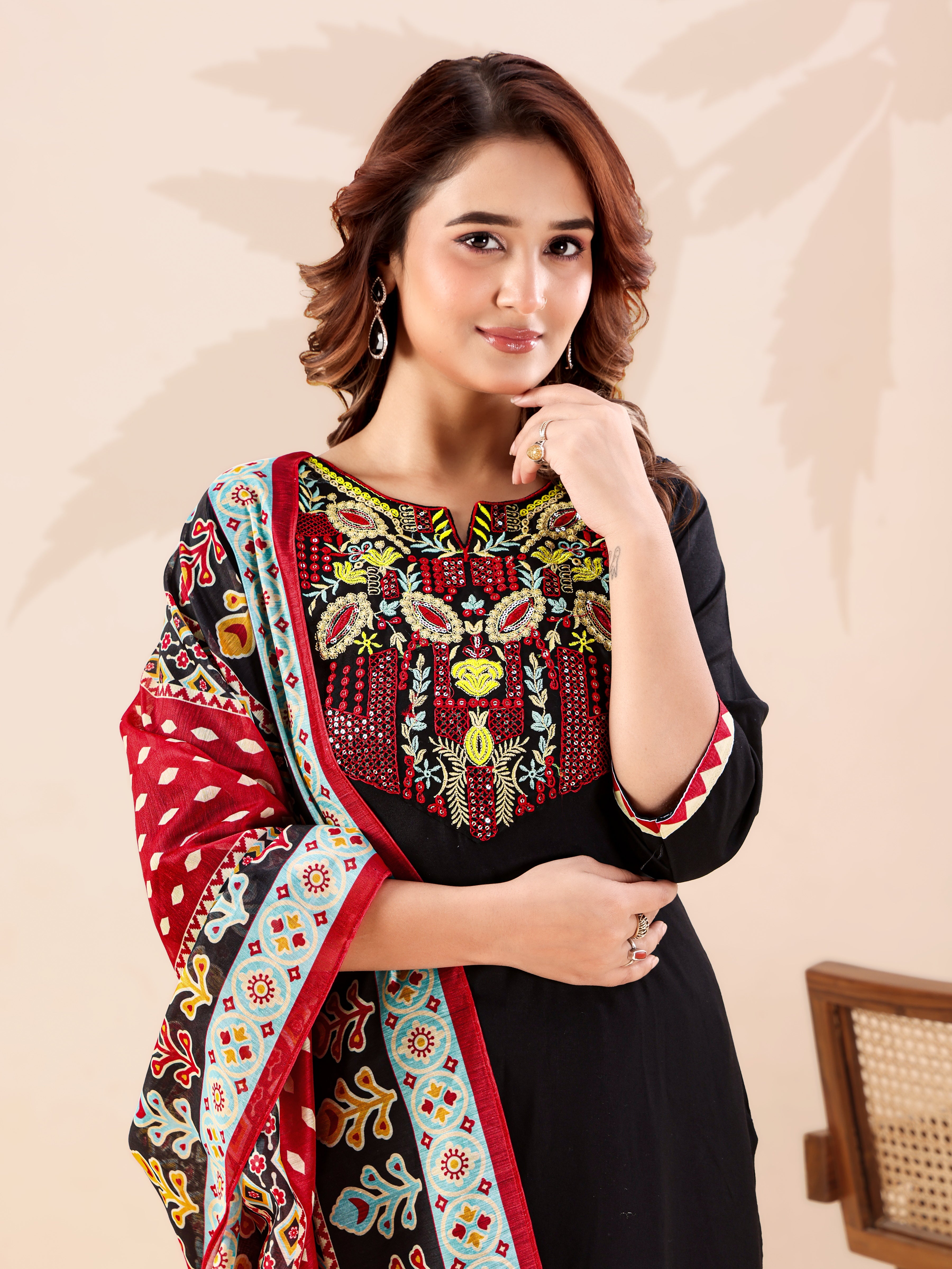 Black Heavy Rayon Cotton Kurta Pant Set with Thread Sequins Work & Chanderi Dupatta | Ready to Wear Ethnic Set