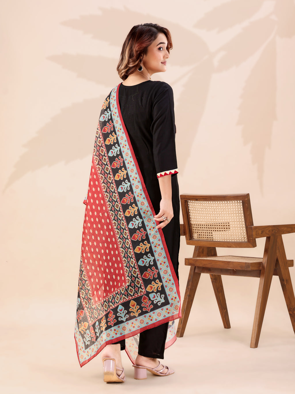 Black Heavy Rayon Cotton Kurta Pant Set with Thread Sequins Work & Chanderi Dupatta | Ready to Wear Ethnic Set