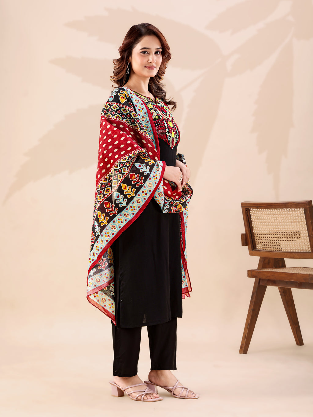 Black Heavy Rayon Cotton Kurta Pant Set with Thread Sequins Work & Chanderi Dupatta | Ready to Wear Ethnic Set