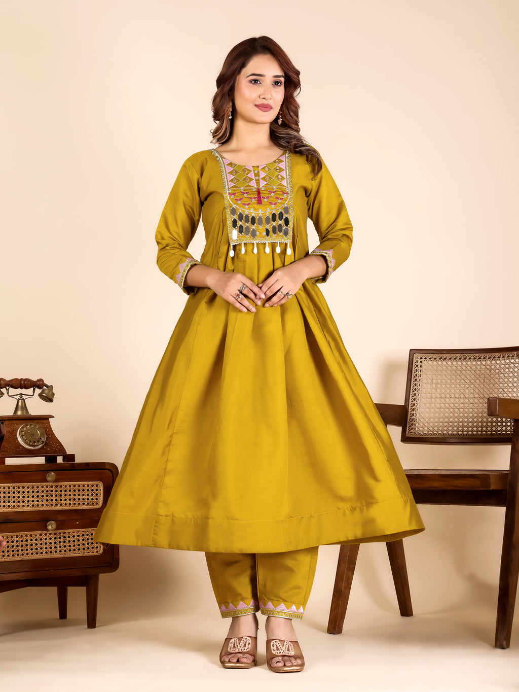 Mustard Roman Fabric Kurta Pant Set with Mirror Work & Sequins | Ready to Wear Ethnic Set for Women