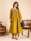 Mustard Roman Fabric Kurta Pant Set with Mirror Work & Sequins | Ready to Wear Ethnic Set for Women