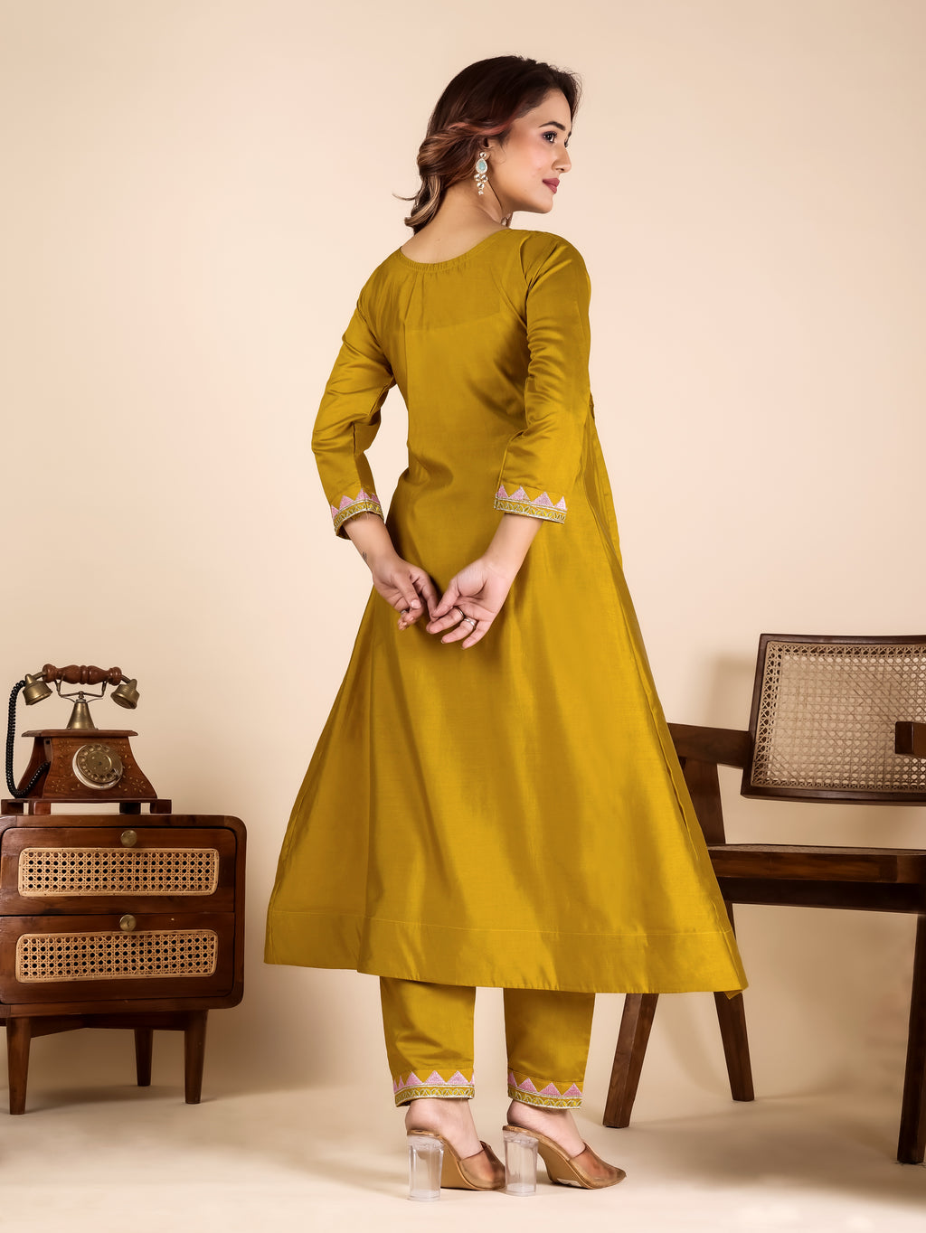 Mustard Roman Fabric Kurta Pant Set with Mirror Work & Sequins | Ready to Wear Ethnic Set for Women