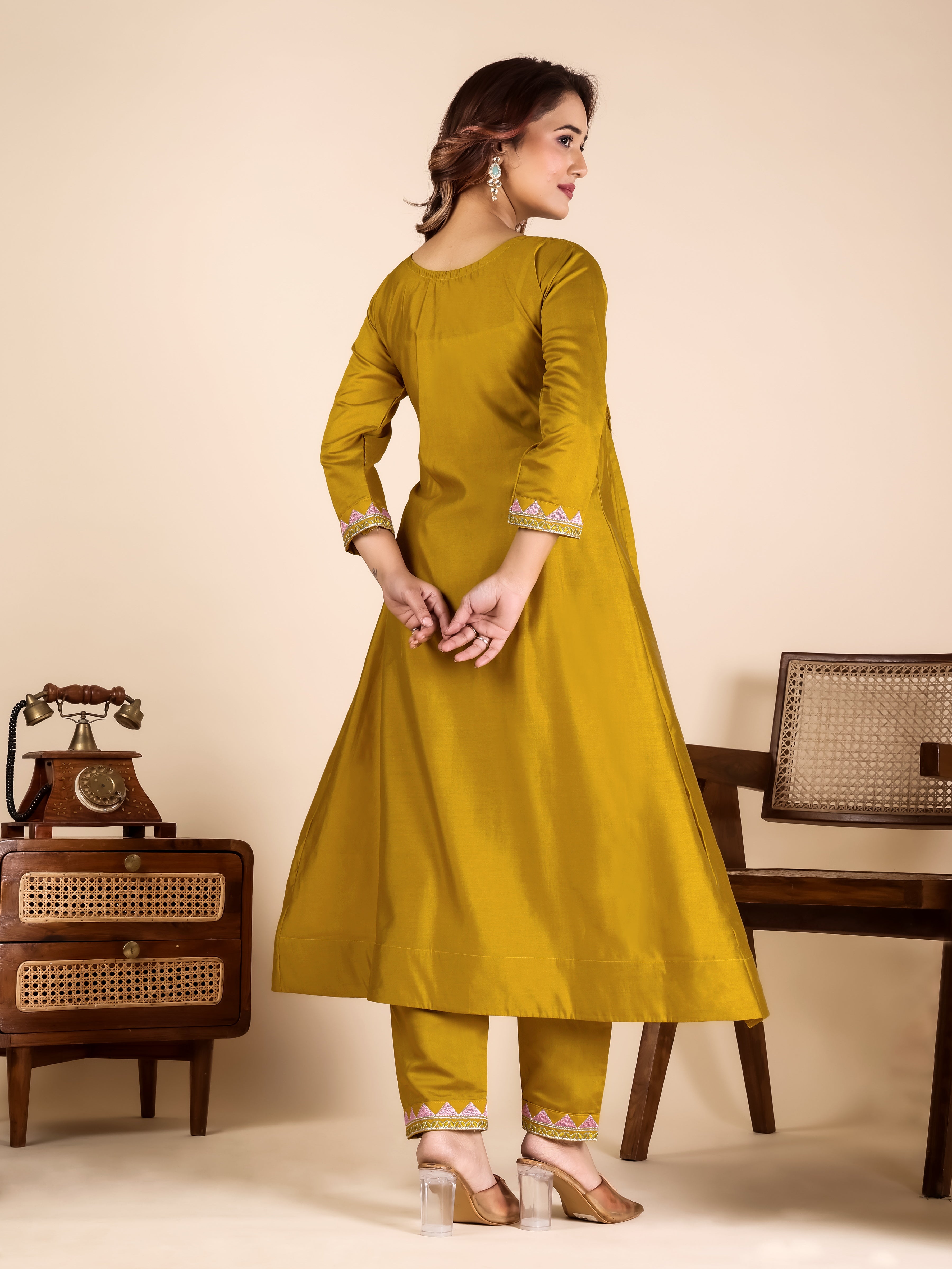 Mustard Roman Fabric Kurta Pant Set with Mirror Work & Sequins | Ready to Wear Ethnic Set for Women
