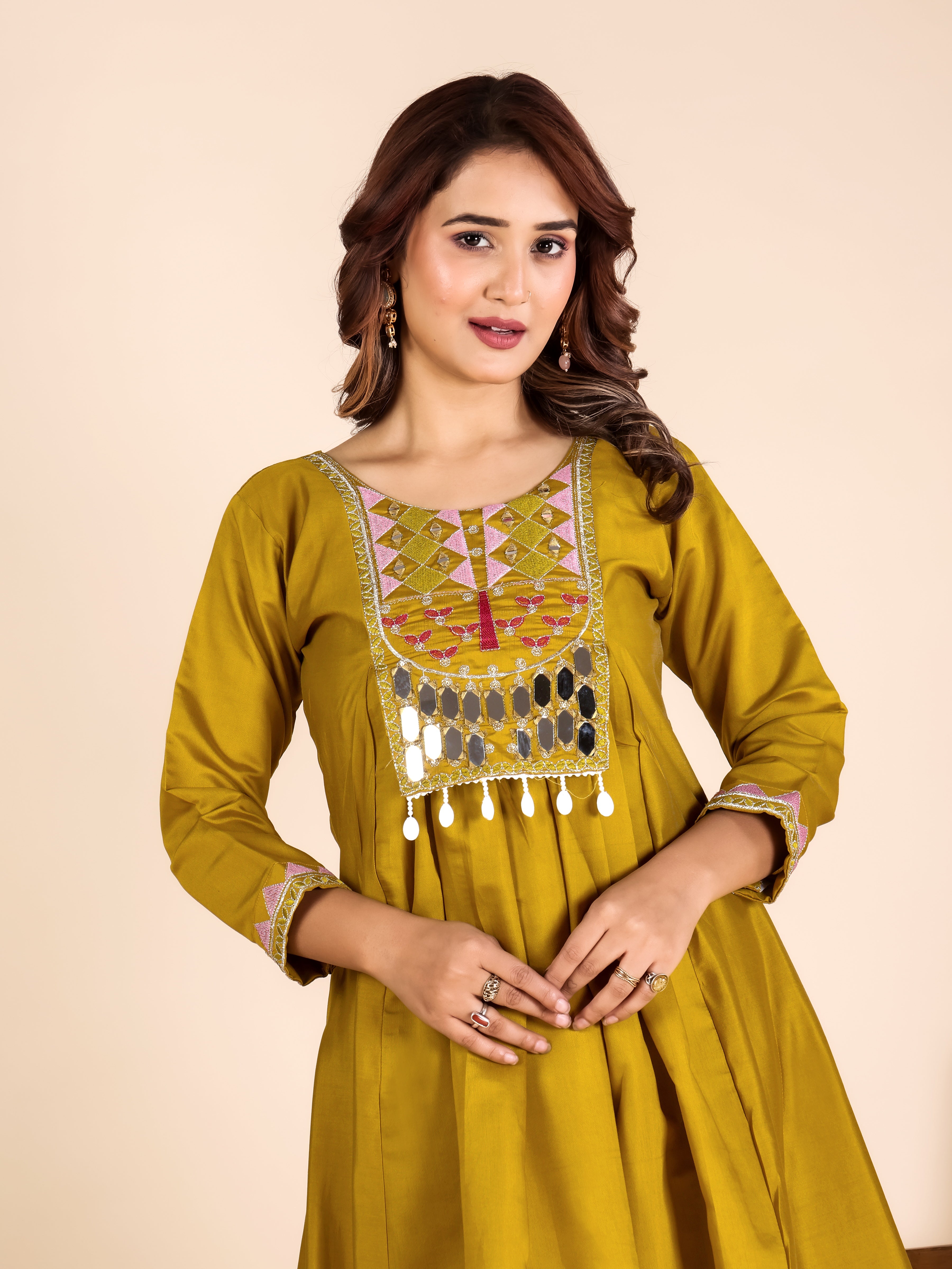 Mustard Roman Fabric Kurta Pant Set with Mirror Work & Sequins | Ready to Wear Ethnic Set for Women