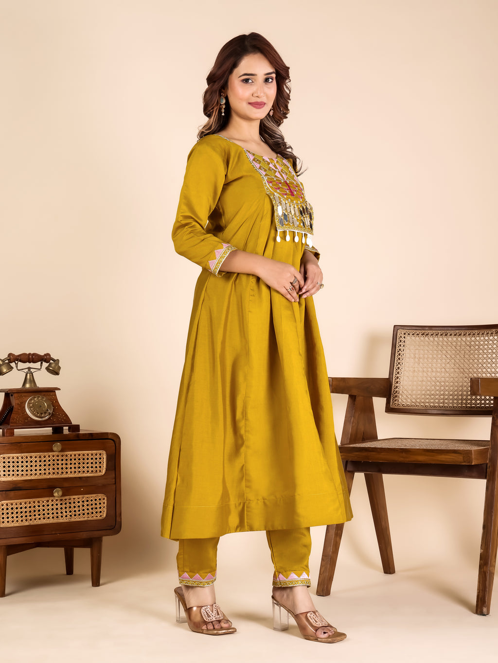 Mustard Roman Fabric Kurta Pant Set with Mirror Work & Sequins | Ready to Wear Ethnic Set for Women