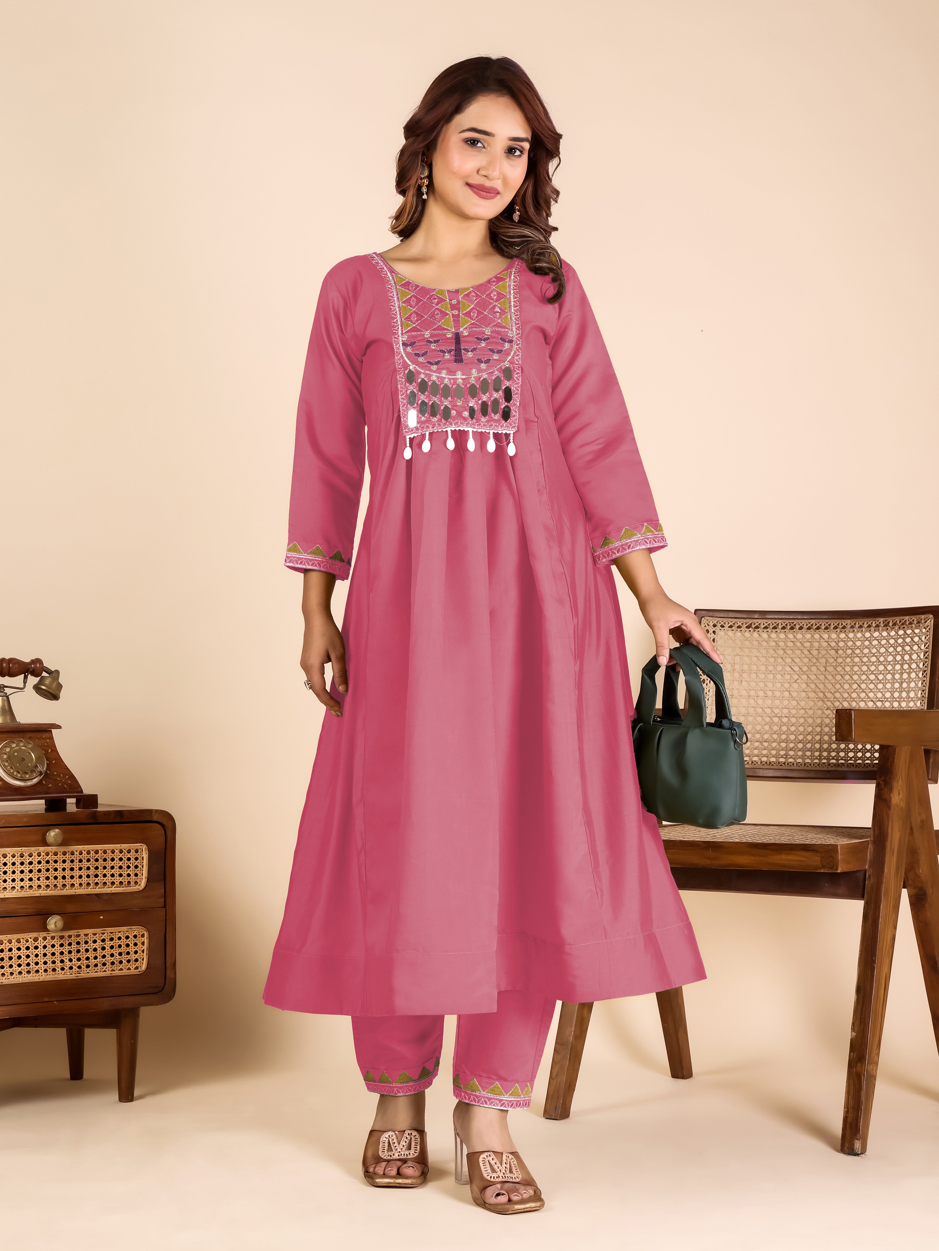 Mustard Roman Fabric Kurta Pant Set with Mirror Work & Sequins | Ready to Wear Ethnic Set for Women