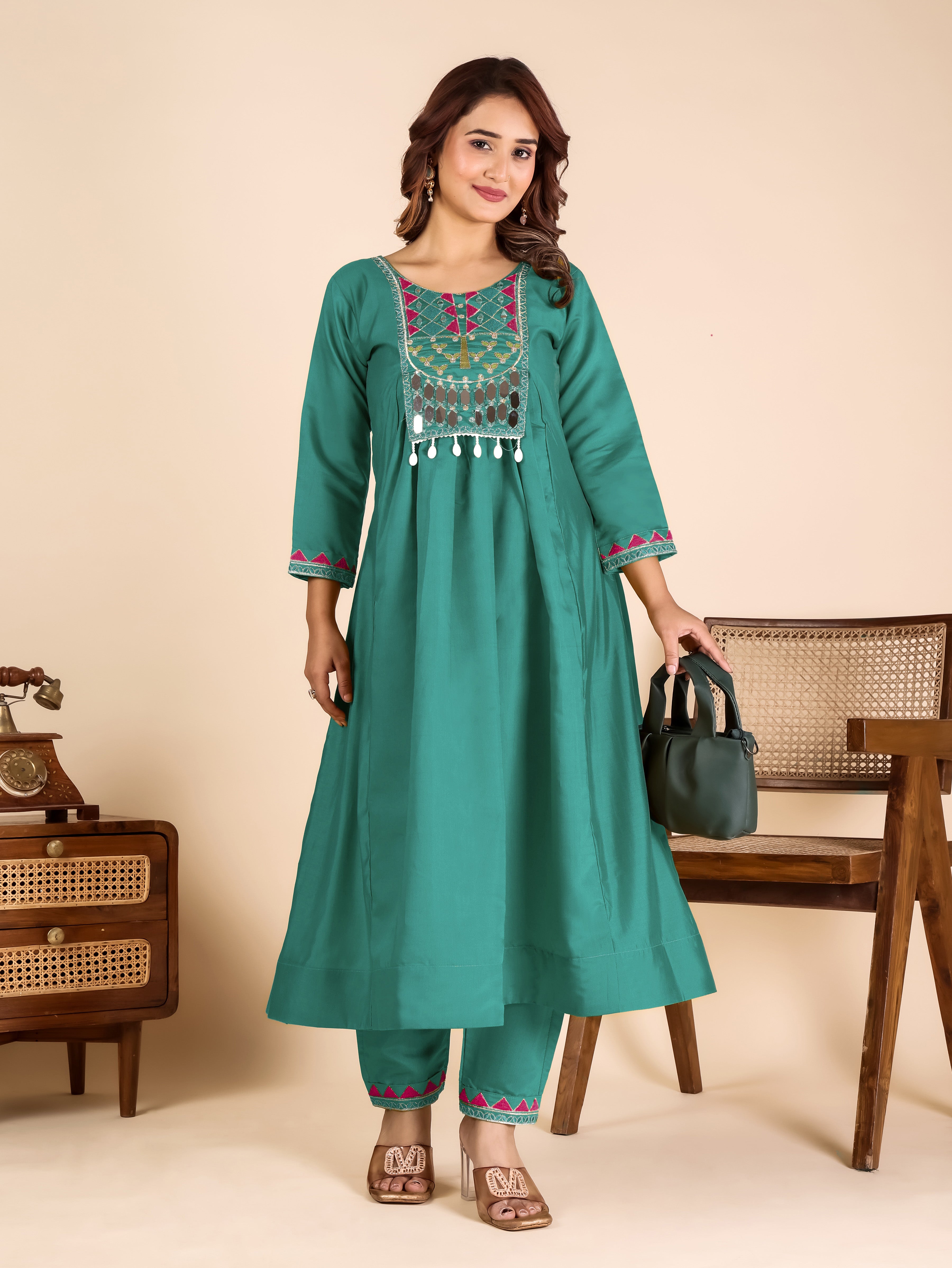 Mustard Roman Fabric Kurta Pant Set with Mirror Work & Sequins | Ready to Wear Ethnic Set for Women