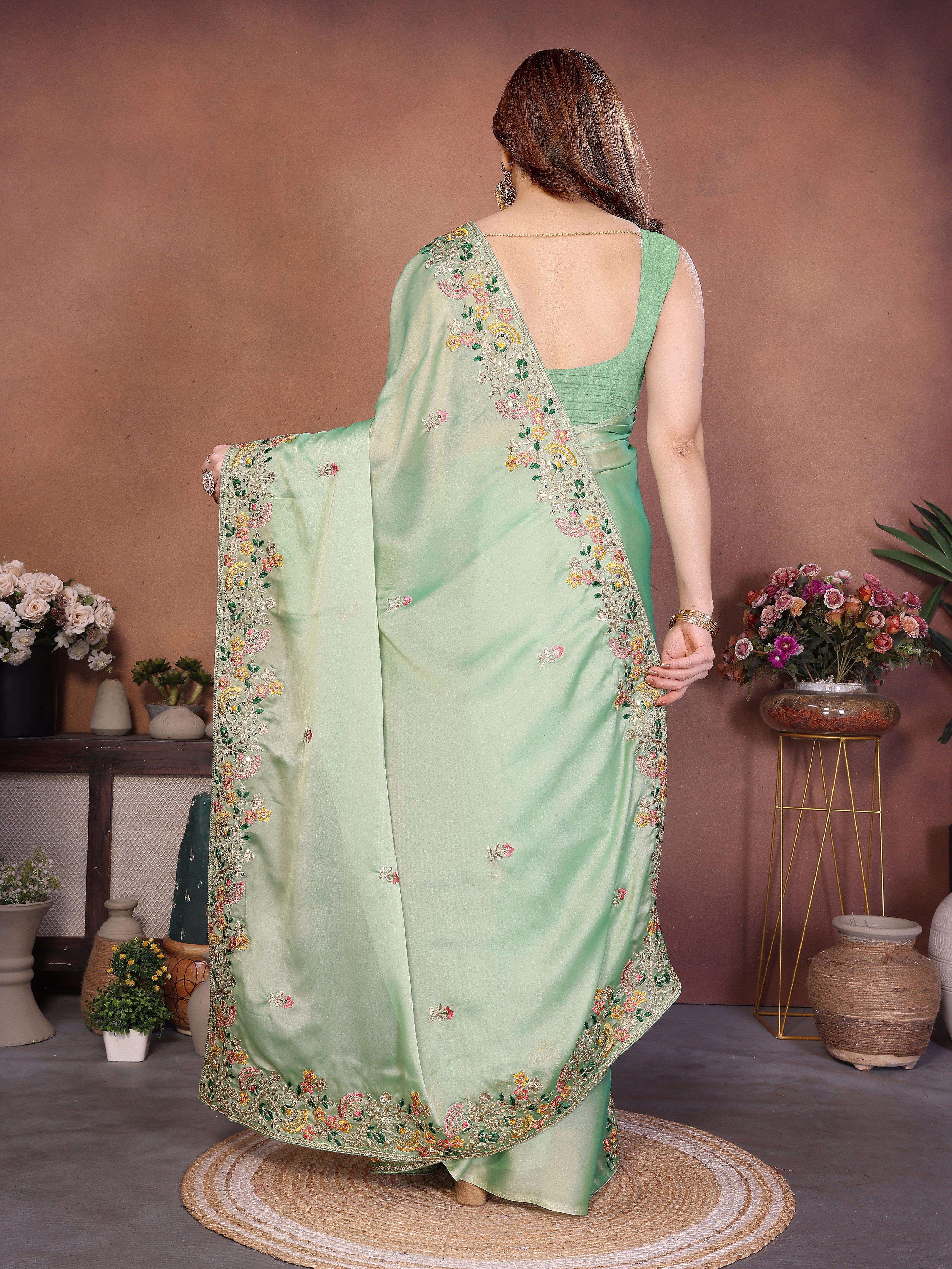 Mint Green Art Silk Saree with Zari, Dori & 5mm Sequins Embroidery | Designer Party Wear Saree for Women