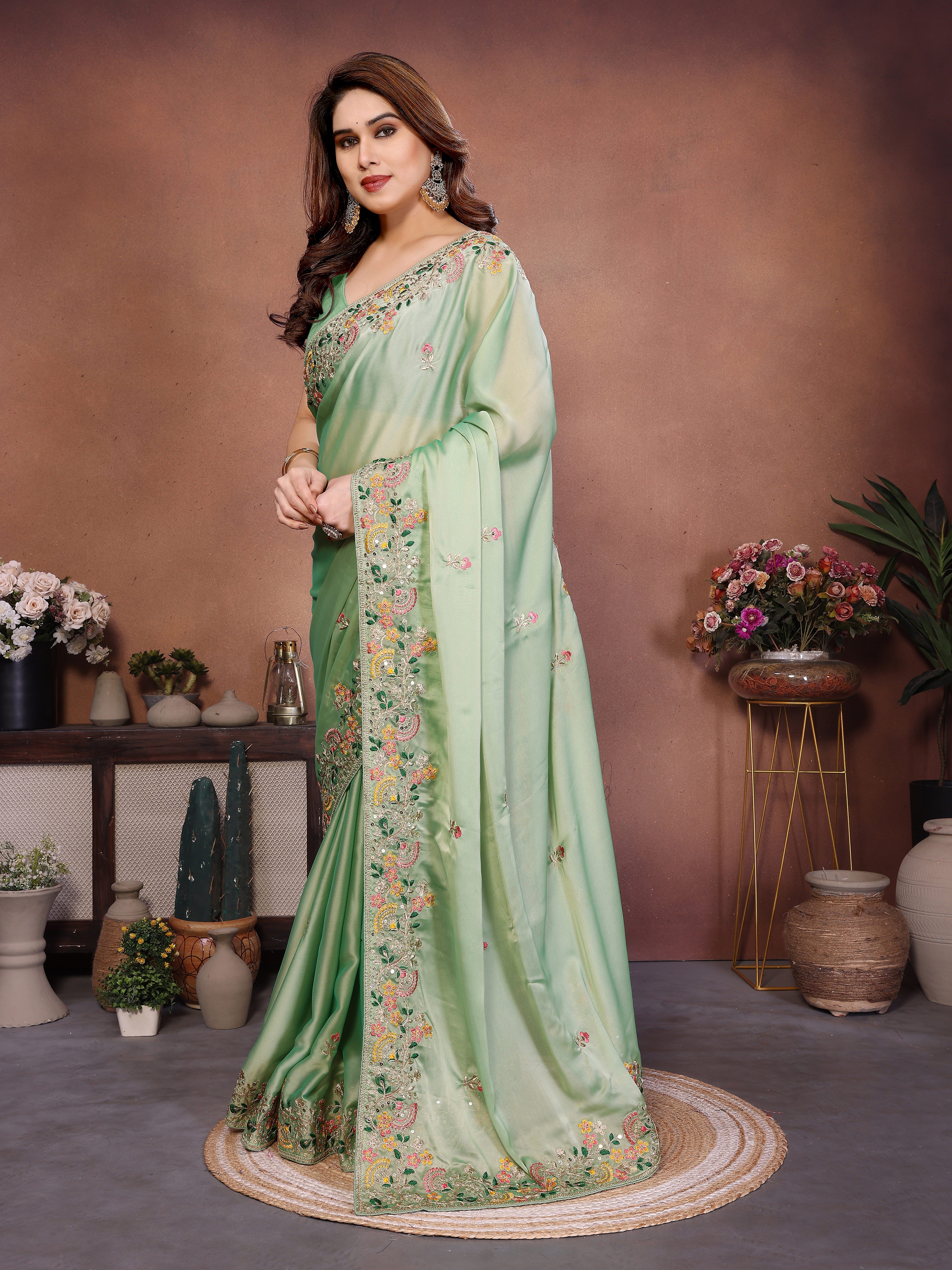 Mint Green Art Silk Saree with Zari, Dori & 5mm Sequins Embroidery | Designer Party Wear Saree for Women