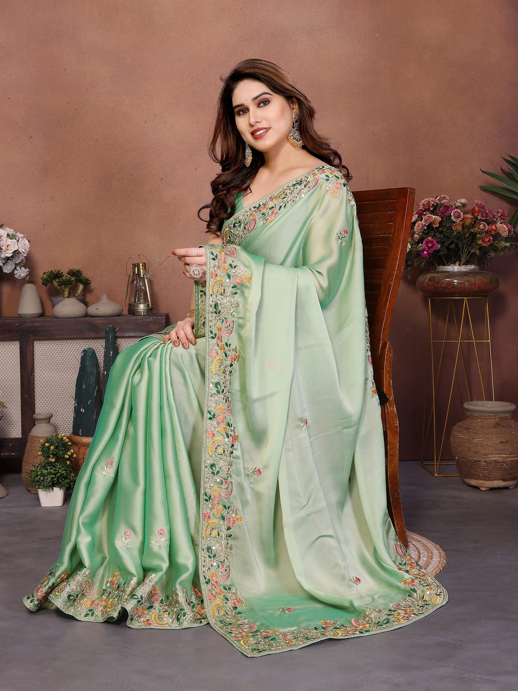 Mint Green Art Silk Saree with Zari, Dori & 5mm Sequins Embroidery | Designer Party Wear Saree for Women