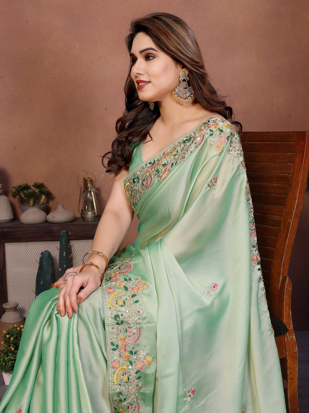 Mint Green Art Silk Saree with Zari, Dori & 5mm Sequins Embroidery | Designer Party Wear Saree for Women
