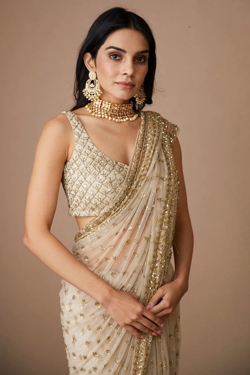 Cream Butterfly Net Saree with Sequins & Dori Embroidery | Designer Party Wear Saree with Unstitched Blouse