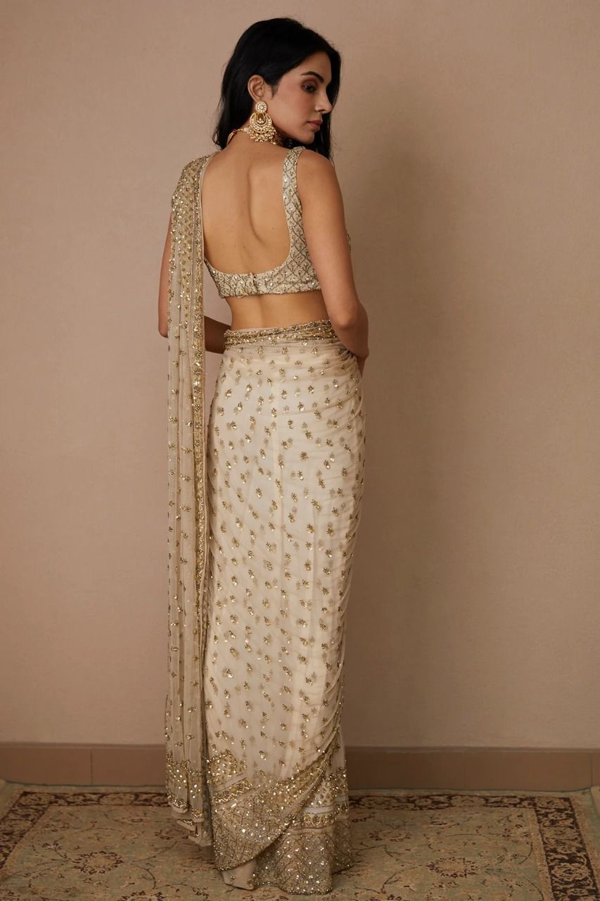Cream Butterfly Net Saree with Sequins & Dori Embroidery | Designer Party Wear Saree with Unstitched Blouse