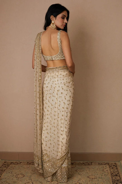 Cream Butterfly Net Saree with Sequins & Dori Embroidery | Designer Party Wear Saree with Unstitched Blouse
