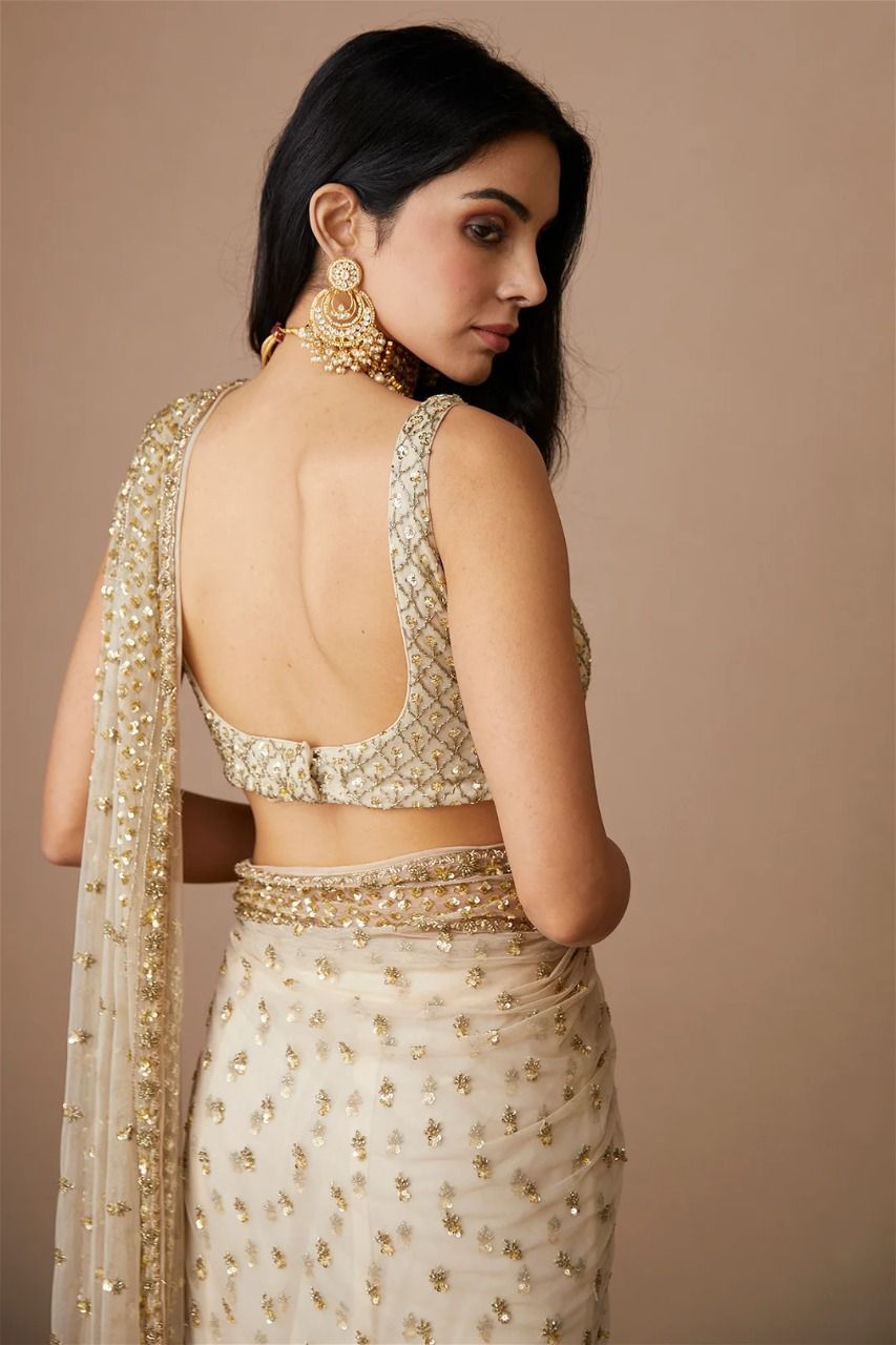 Cream Butterfly Net Saree with Sequins & Dori Embroidery | Designer Party Wear Saree with Unstitched Blouse