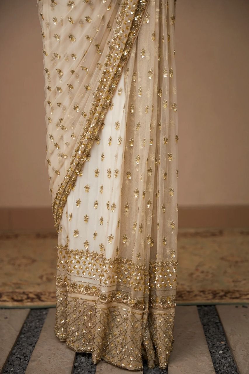 Cream Butterfly Net Saree with Sequins & Dori Embroidery | Designer Party Wear Saree with Unstitched Blouse