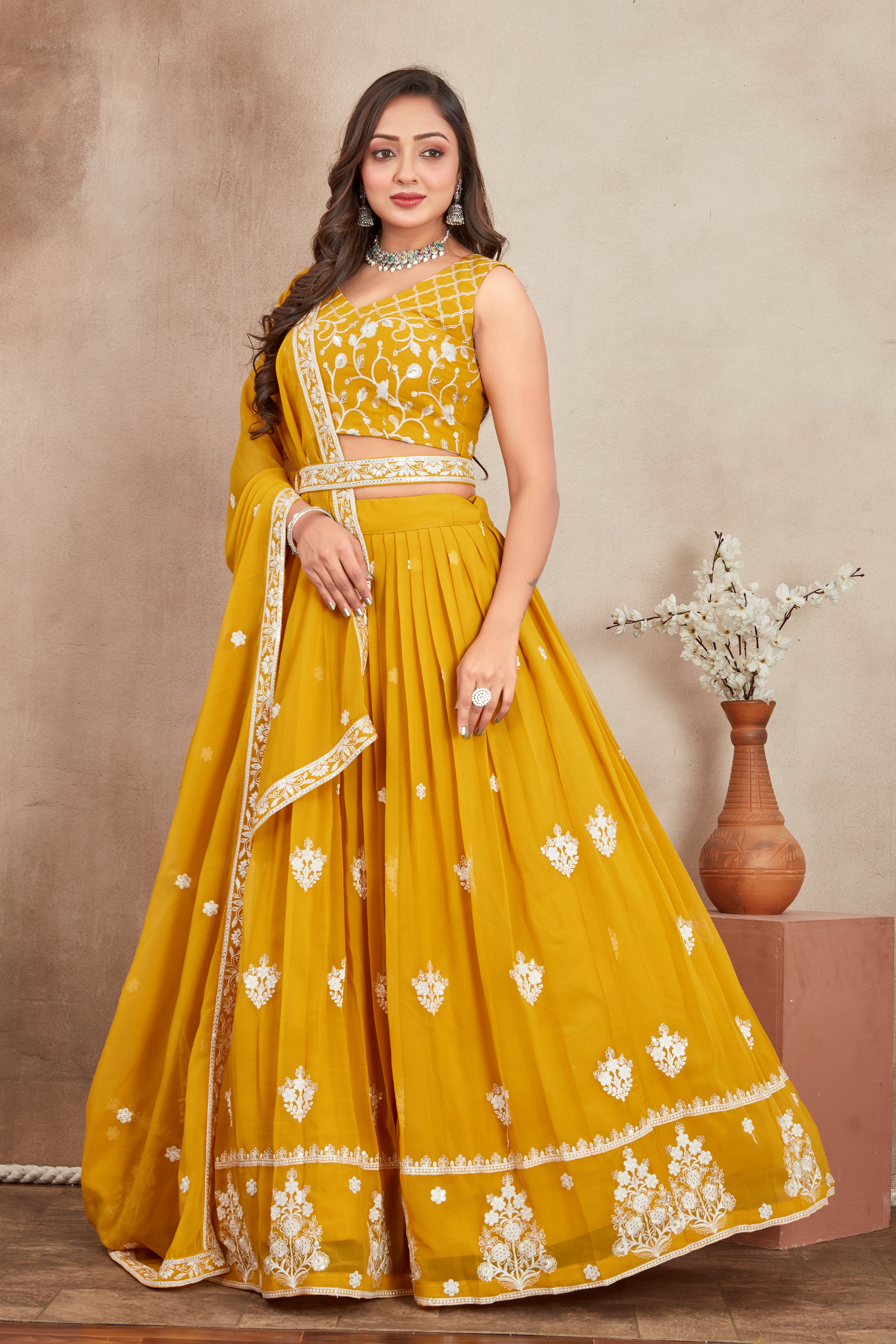 Purple Fox Georgette Lehenga Choli with Sequins & Thread Embroidery | Designer Party Wear Lehenga Set with Dupatta