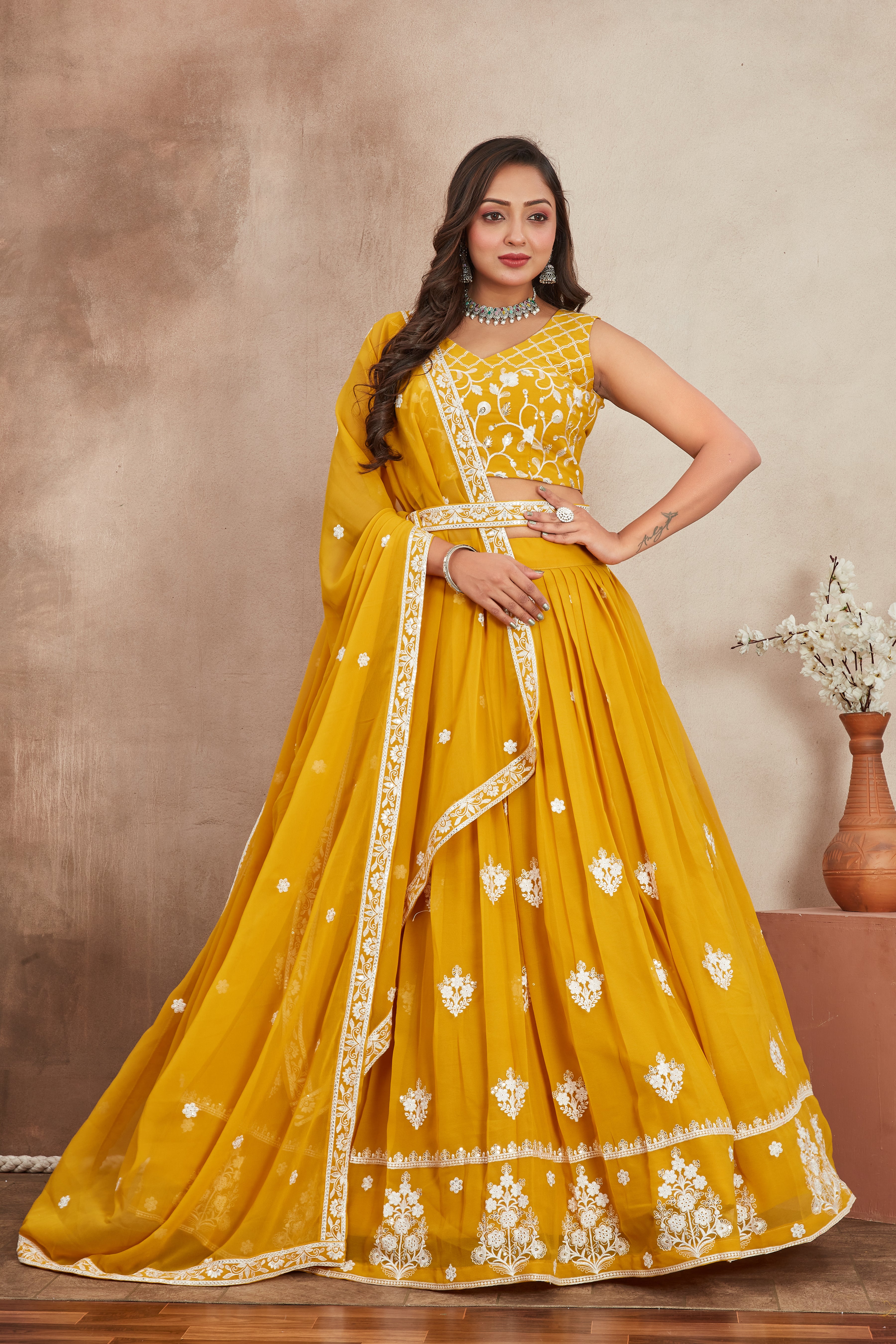 Purple Fox Georgette Lehenga Choli with Sequins & Thread Embroidery | Designer Party Wear Lehenga Set with Dupatta