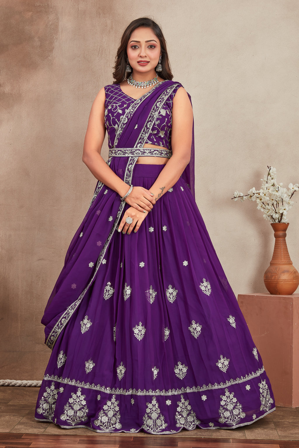 Purple Fox Georgette Lehenga Choli with Sequins & Thread Embroidery | Designer Party Wear Lehenga Set with Dupatta