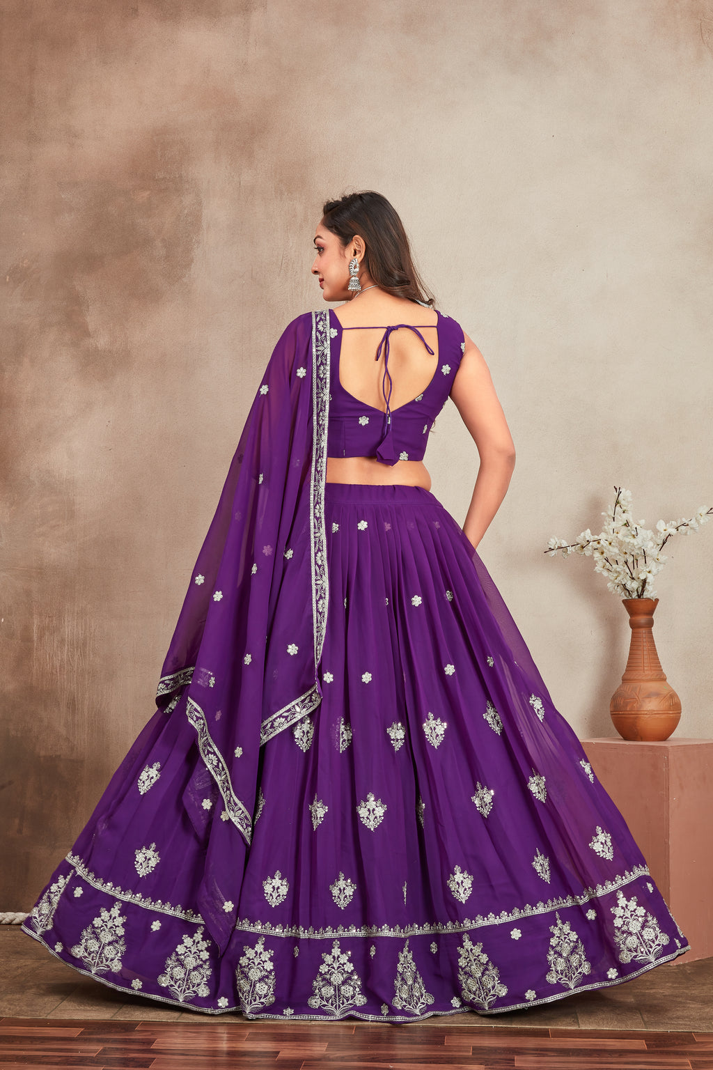 Purple Fox Georgette Lehenga Choli with Sequins & Thread Embroidery | Designer Party Wear Lehenga Set with Dupatta
