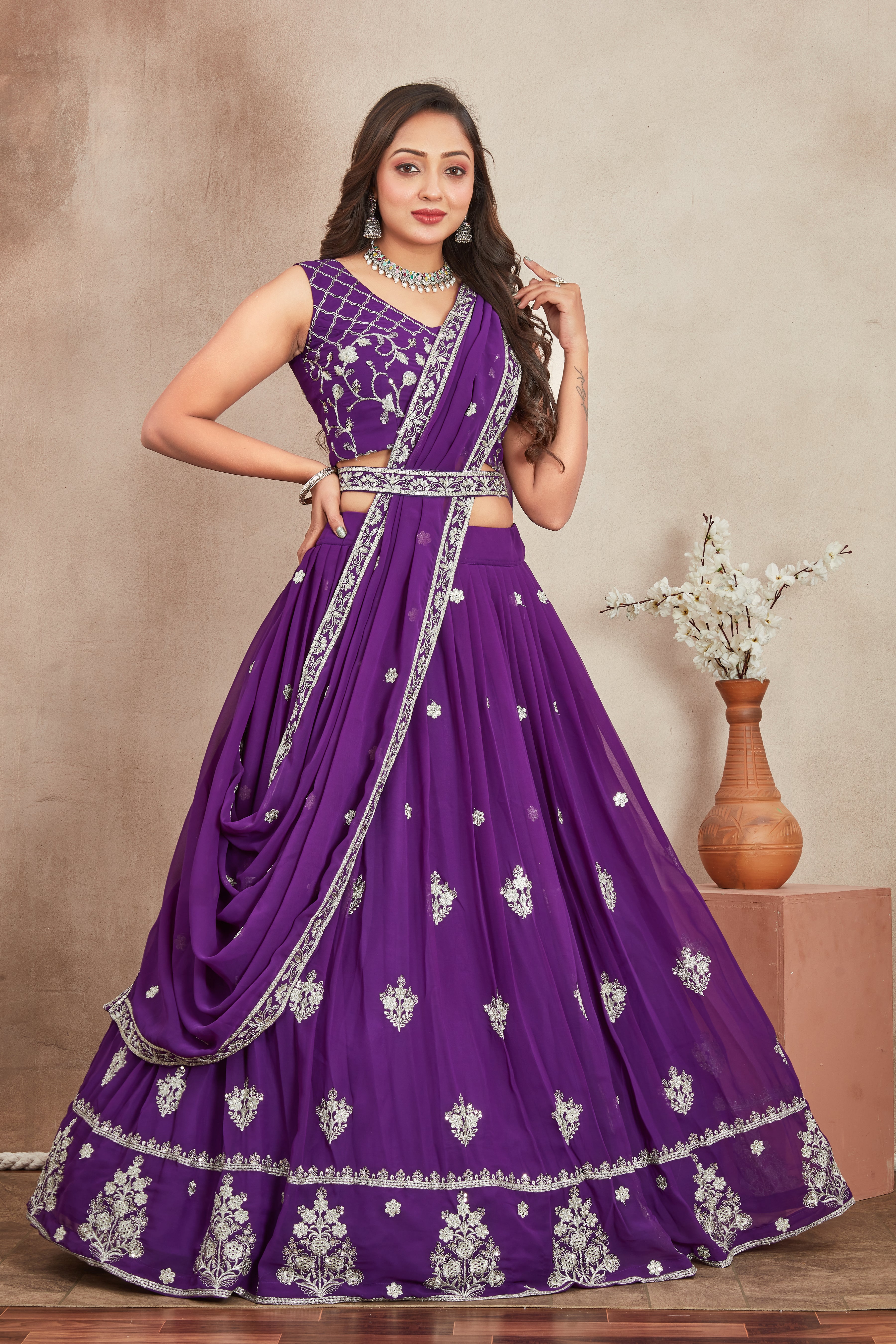 Purple Fox Georgette Lehenga Choli with Sequins & Thread Embroidery | Designer Party Wear Lehenga Set with Dupatta