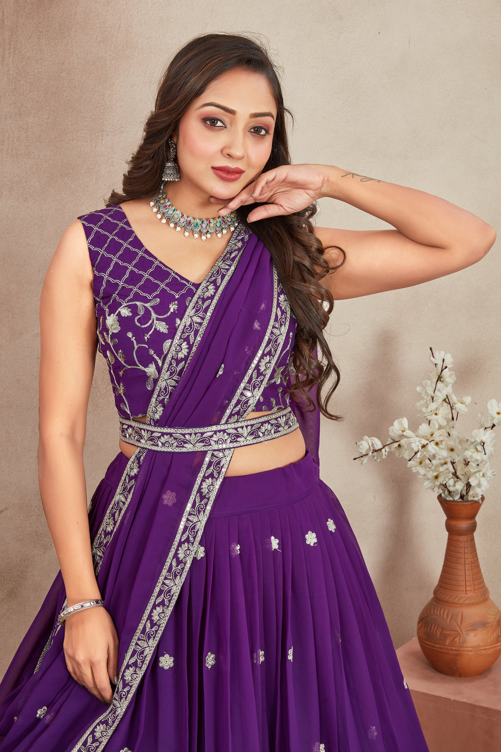 Purple Fox Georgette Lehenga Choli with Sequins & Thread Embroidery | Designer Party Wear Lehenga Set with Dupatta