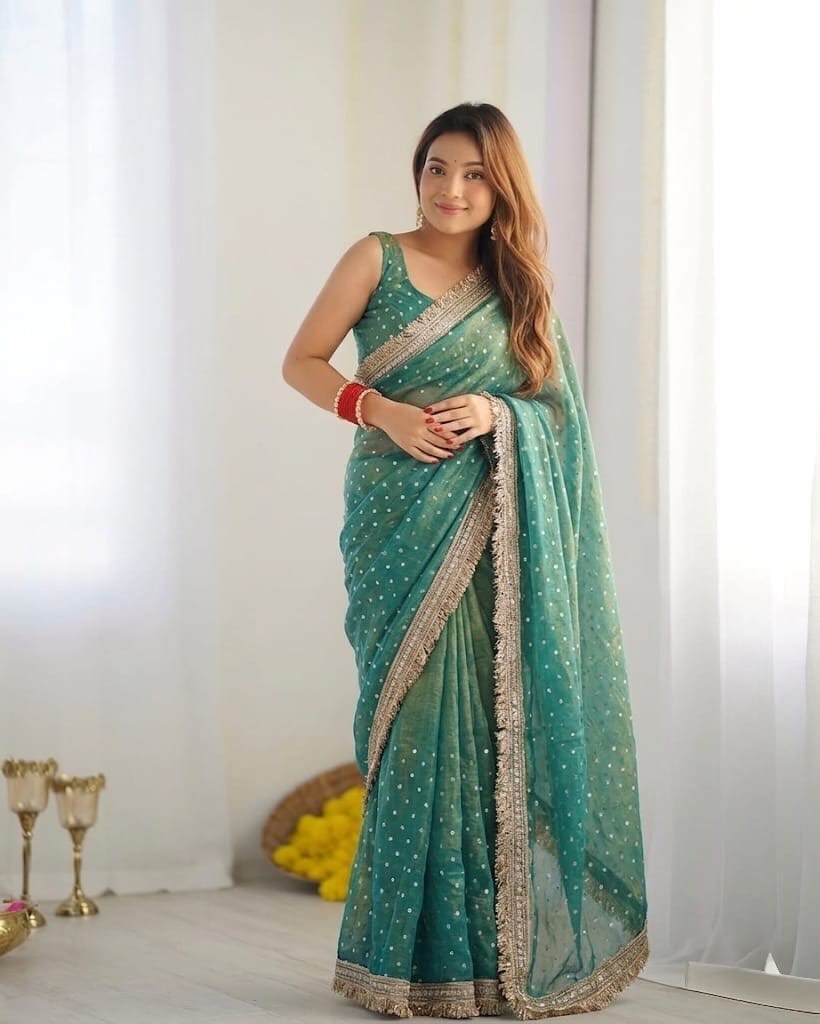 Green Moss Silk Butti Saree for Women with Elegant Border | Party Wear Designer Saree with Unstitched Blouse
