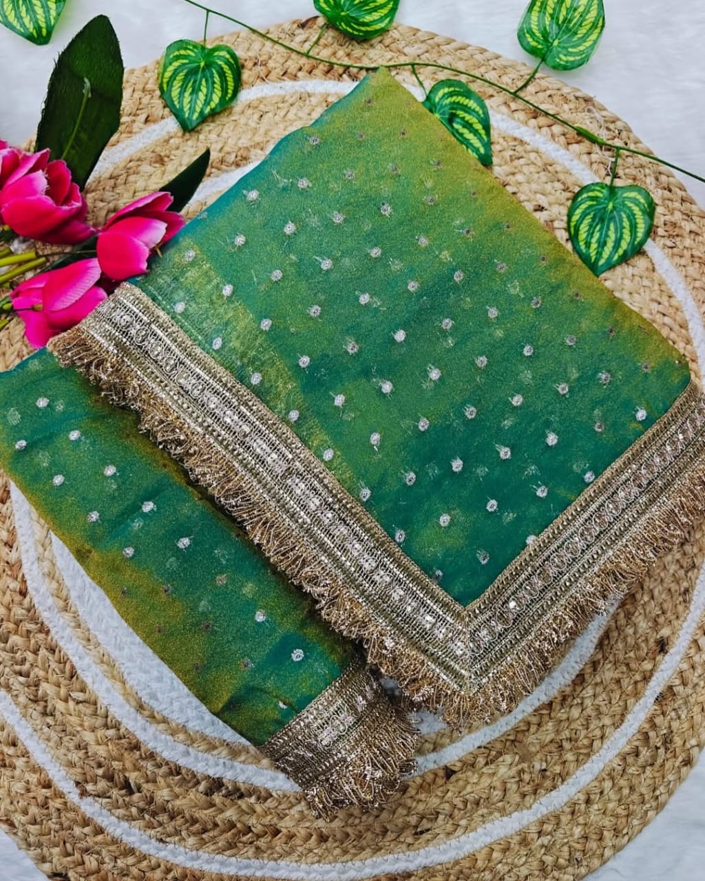Green Moss Silk Butti Saree for Women with Elegant Border | Party Wear Designer Saree with Unstitched Blouse