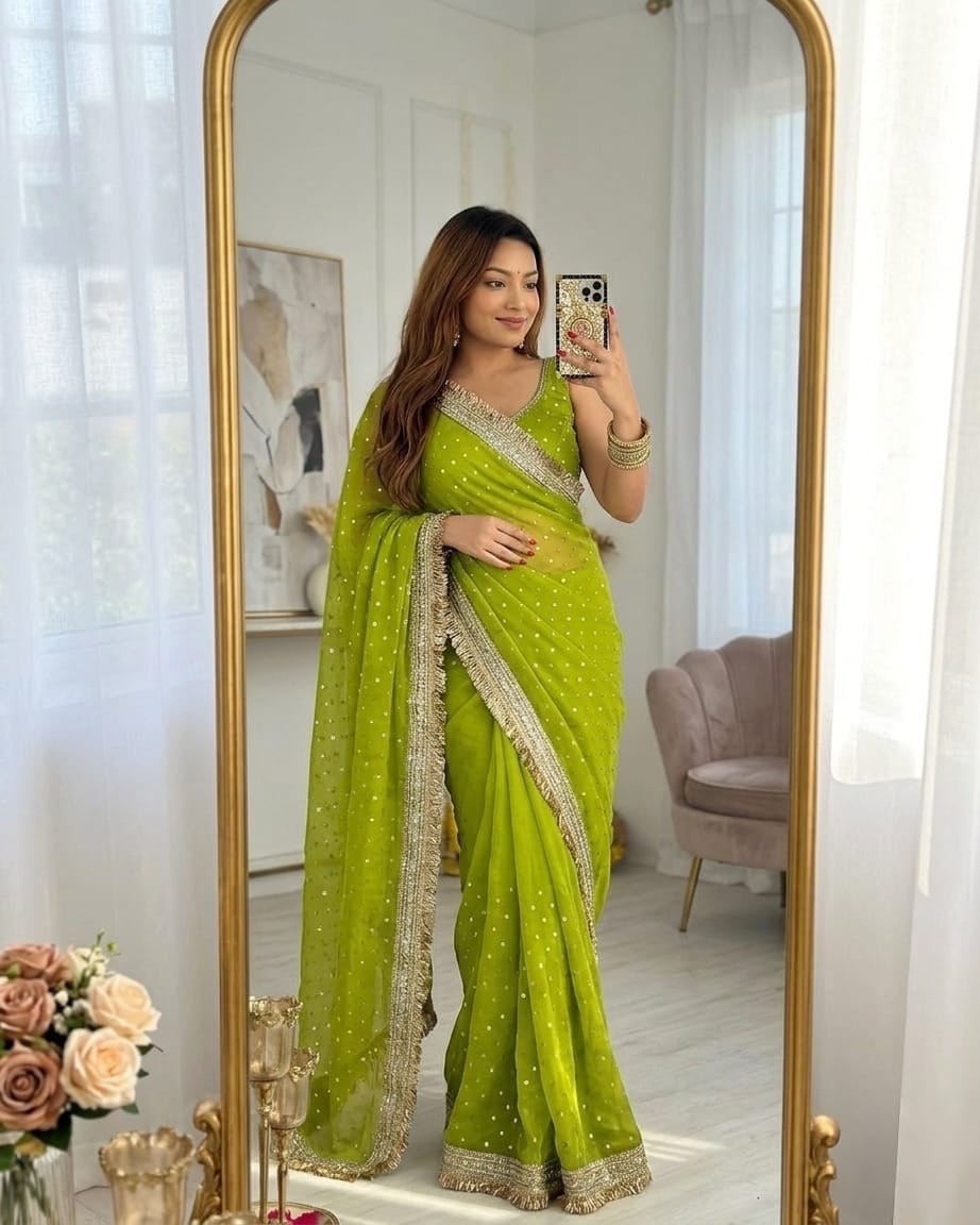 Green Moss Silk Butti Saree for Women with Elegant Border | Party Wear Designer Saree with Unstitched Blouse