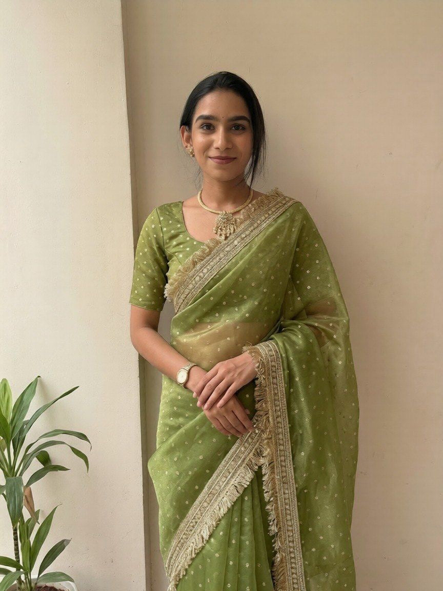 Green Moss Silk Butti Saree for Women with Elegant Border | Party Wear Designer Saree with Unstitched Blouse