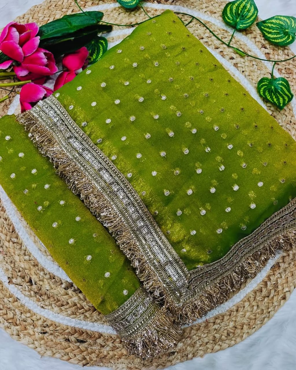 Green Moss Silk Butti Saree for Women with Elegant Border | Party Wear Designer Saree with Unstitched Blouse