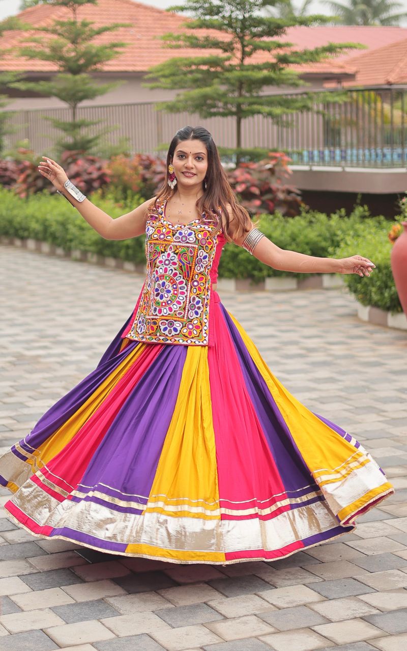 Women's Multicolor Cotton Lehenga Choli Set with Real Mirror & Kachi Chain Work | Stitched Navratri Garba Lehenga with Flared Skirt | Festive Traditional Ethnic Wear