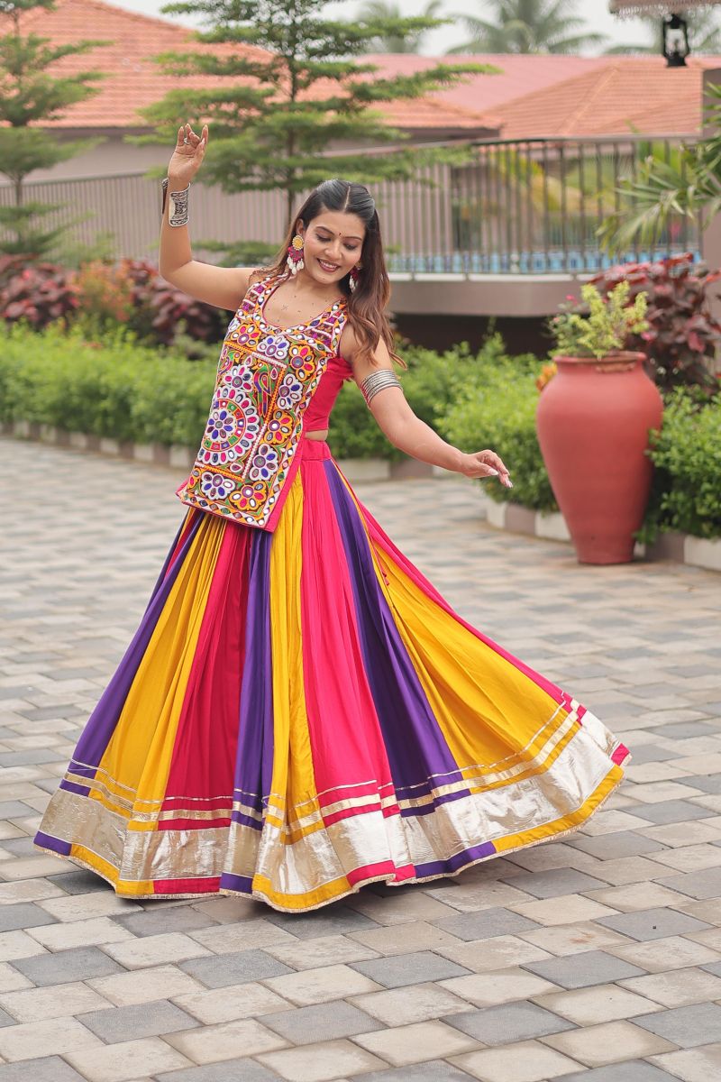 Women's Multicolor Cotton Lehenga Choli Set with Real Mirror & Kachi Chain Work | Stitched Navratri Garba Lehenga with Flared Skirt | Festive Traditional Ethnic Wear