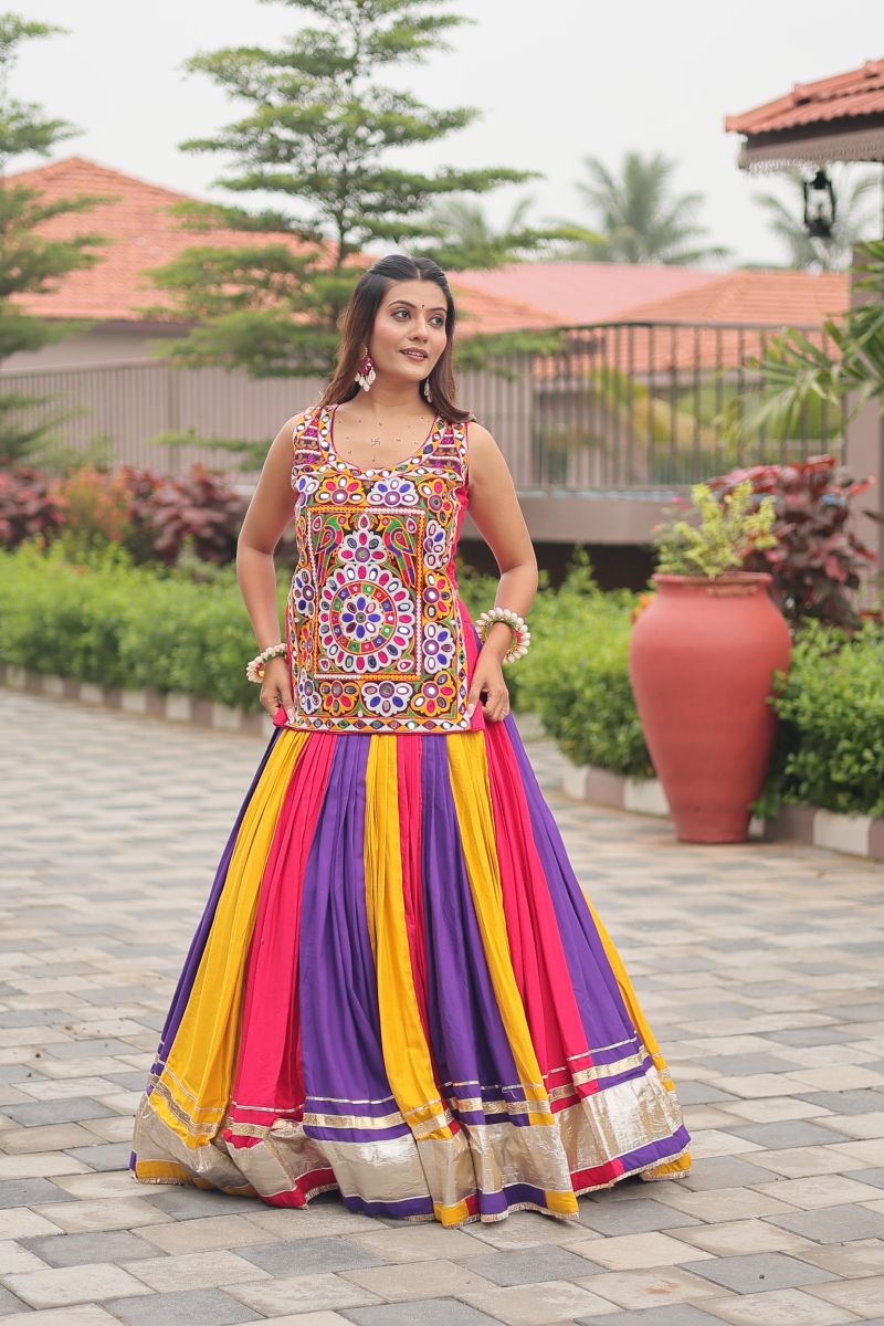 Women's Multicolor Cotton Lehenga Choli Set with Real Mirror & Kachi Chain Work | Stitched Navratri Garba Lehenga with Flared Skirt | Festive Traditional Ethnic Wear