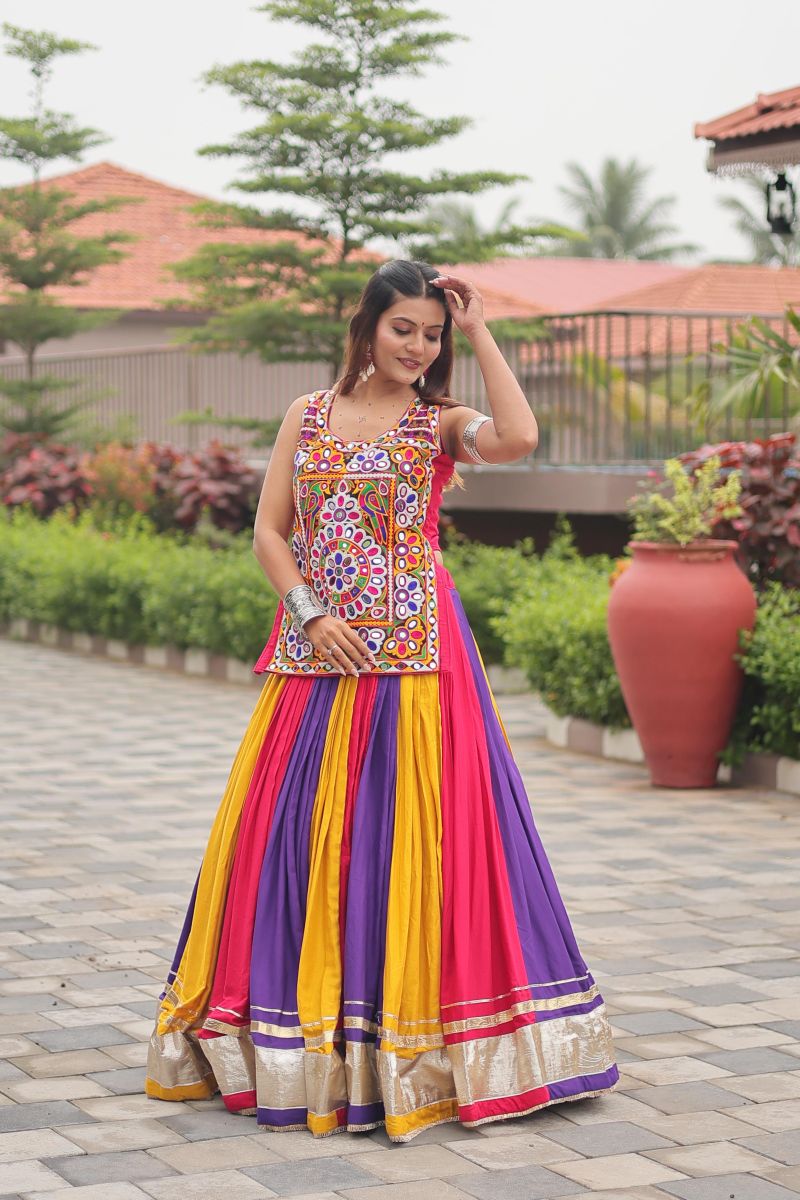 Women's Multicolor Cotton Lehenga Choli Set with Real Mirror & Kachi Chain Work | Stitched Navratri Garba Lehenga with Flared Skirt | Festive Traditional Ethnic Wear