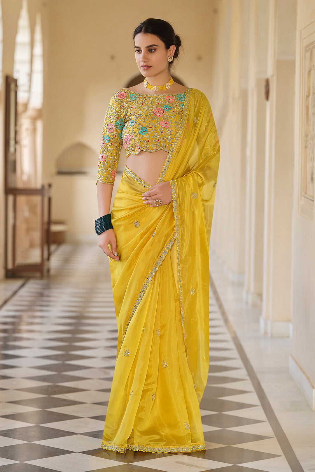 Yellow Organza Saree with Heavy Thread, Sequins & Zari Work Blouse | Party Wear Designer Saree for Women