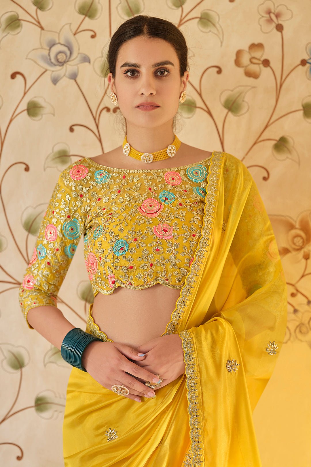 Yellow Organza Saree with Heavy Thread, Sequins & Zari Work Blouse | Party Wear Designer Saree for Women