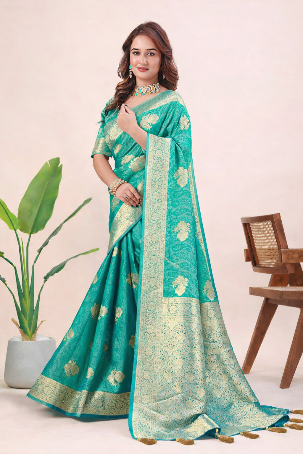 Women's Pink Banarasi Jacquard Silk Saree with Gold Woven Design & Blouse Piece