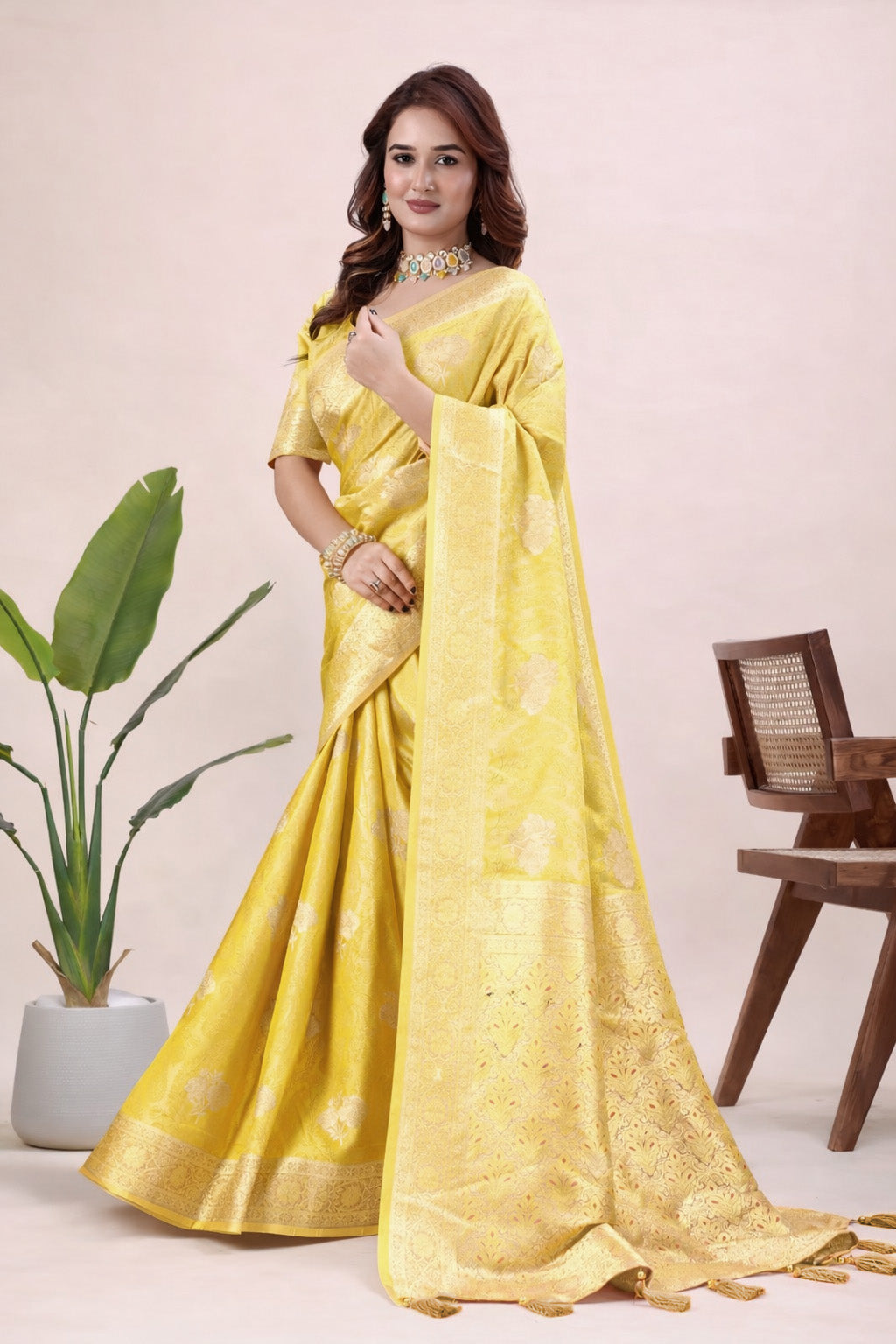 Women's Pink Banarasi Jacquard Silk Saree with Gold Woven Design & Blouse Piece