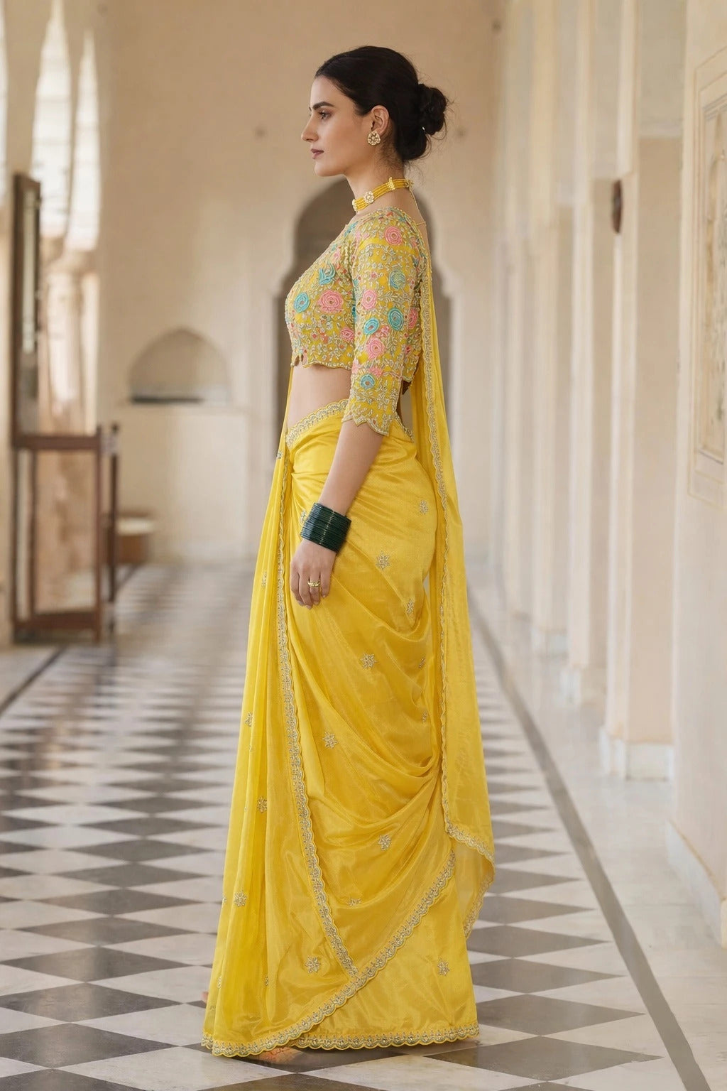 Yellow Organza Saree with Heavy Thread, Sequins & Zari Work Blouse | Party Wear Designer Saree for Women