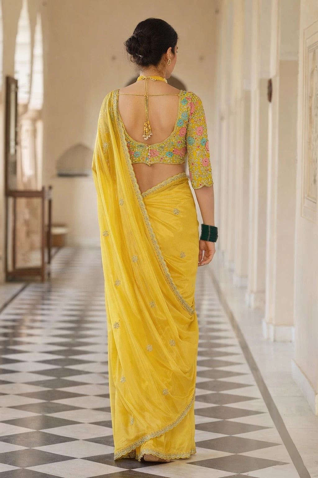 Yellow Organza Saree with Heavy Thread, Sequins & Zari Work Blouse | Party Wear Designer Saree for Women